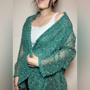 Le Moda Teal Boho Open Knit Cardigan XXL Coastal Grandmother Artsy Lagenlook